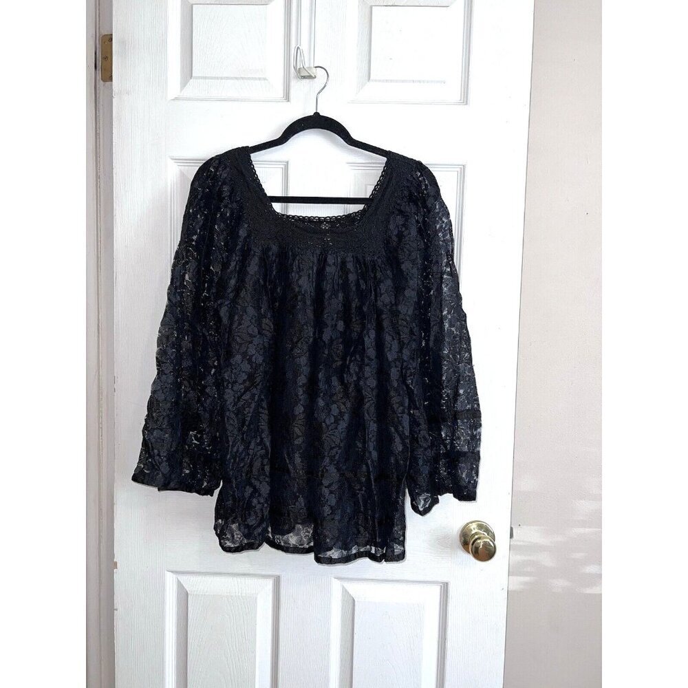 THE VERMONT COUNTRY STORE Black Lace Overlay Crochet Neck Peasant Blouse